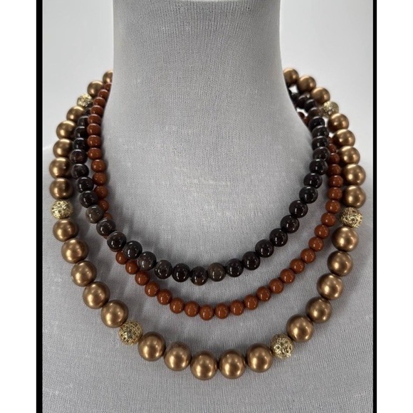 Jewelry - Multi‎ Strand Beaded Necklace Brown Gold Bronze Tone Earthy Statement